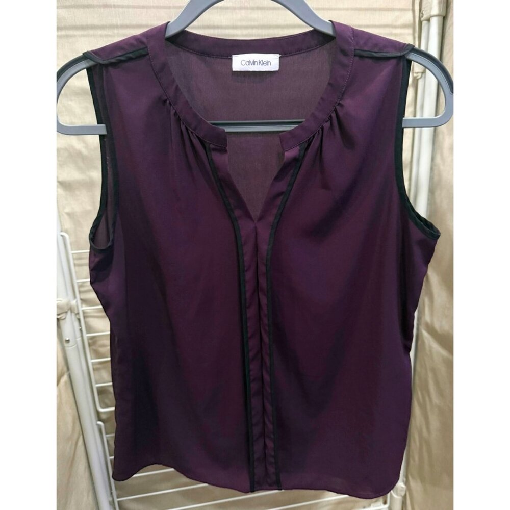 Calvin Klein Womens Purple Sleeveless Career Blouse, Small